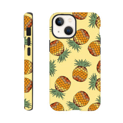 Yellow pineapple tough iPhone case featuring a tropical wraparound print design for impact protection and street style.