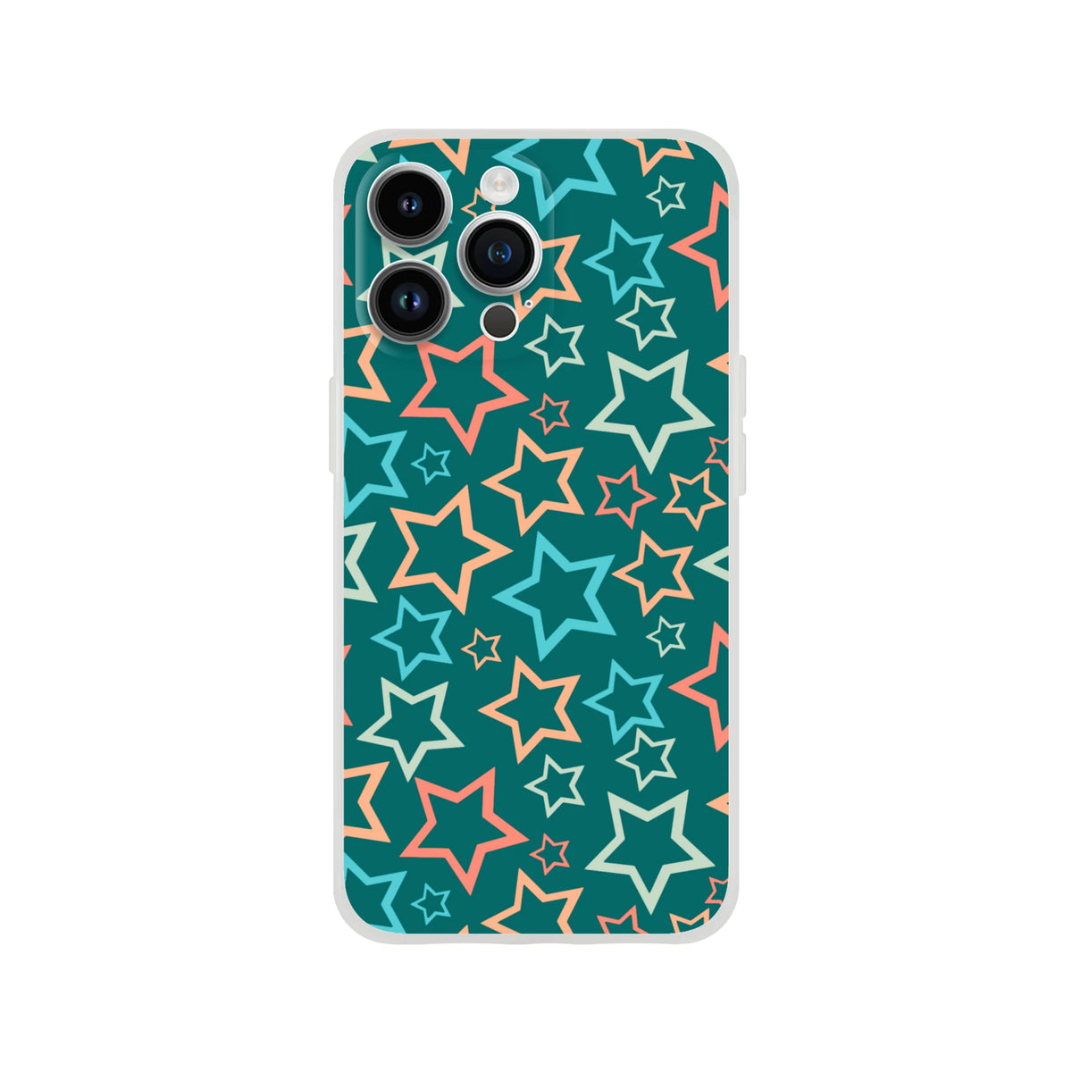 Retro multicolour star print iPhone case for 13-16, teal background with orange and light-blue star outlines.