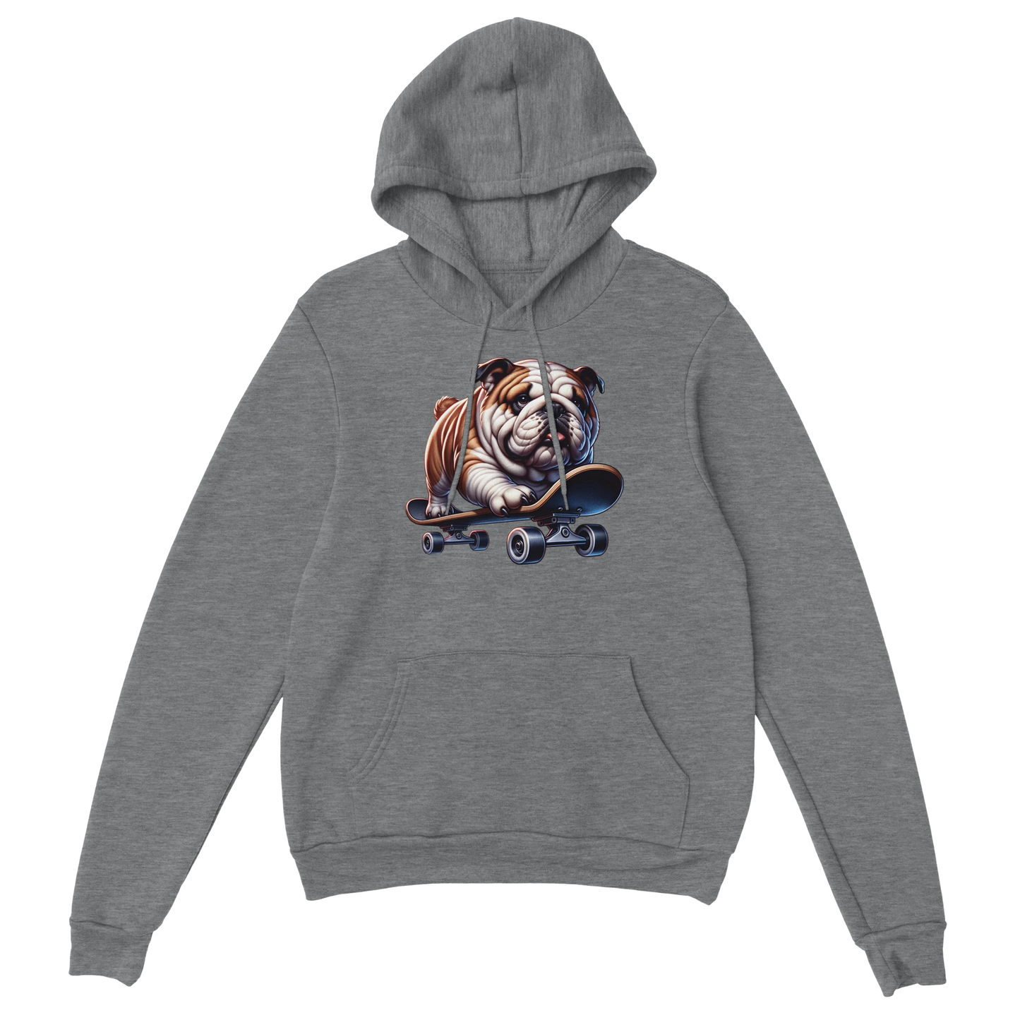Gray hoodie featuring a skateboard bulldog graphic, 50/50 cotton-poly blend, double-lined hood, front pouch pocket.