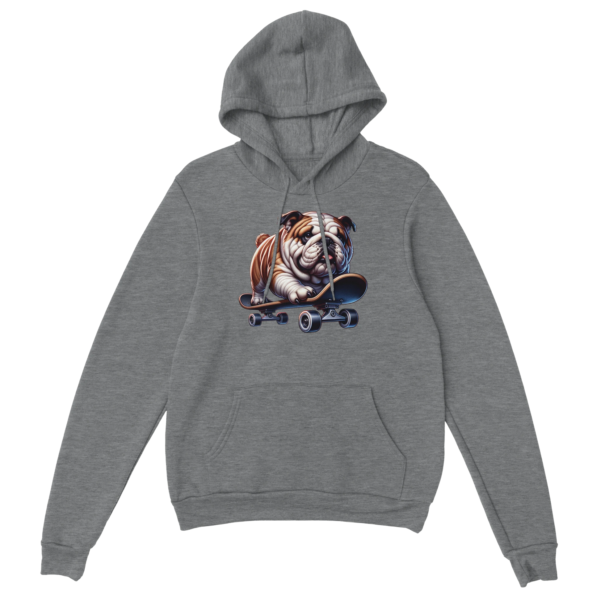 Gray hoodie featuring a skateboard bulldog graphic, 50/50 cotton-poly blend, double-lined hood, front pouch pocket.