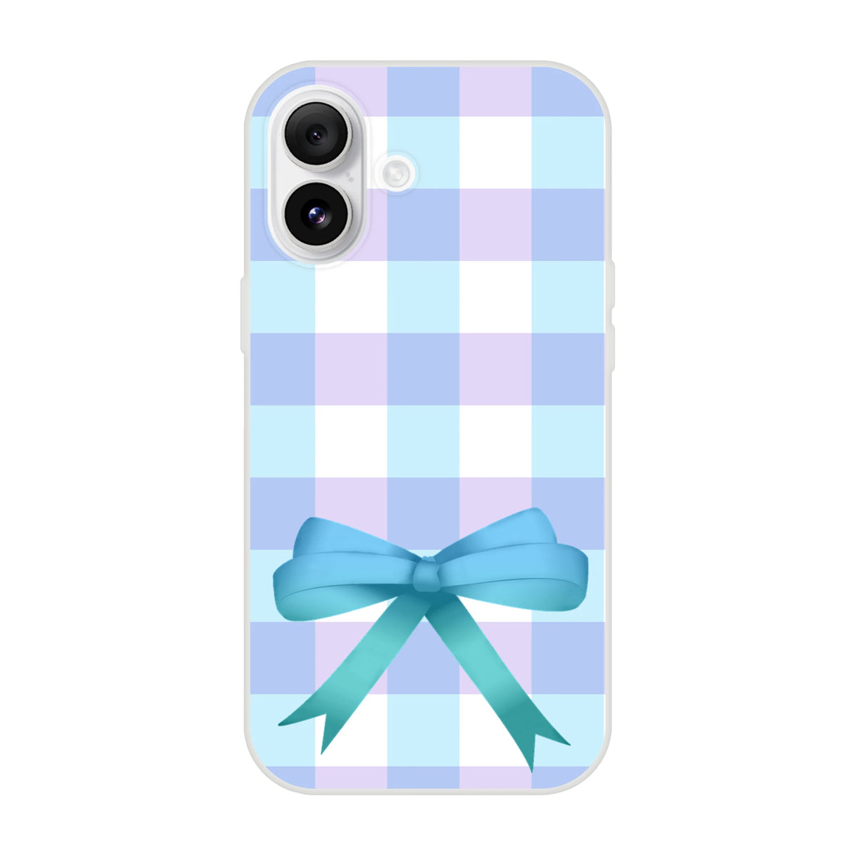 Blue gingham bow iPhone case for iPhone 13-16, pastel plaid pattern with a blue ribbon bow.