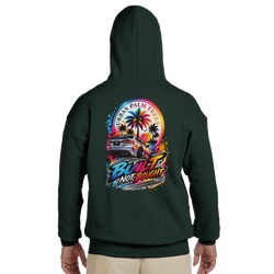 Dark green Built Not Bought hoodie featuring a vibrant modified car and palm tree graphic on the back.