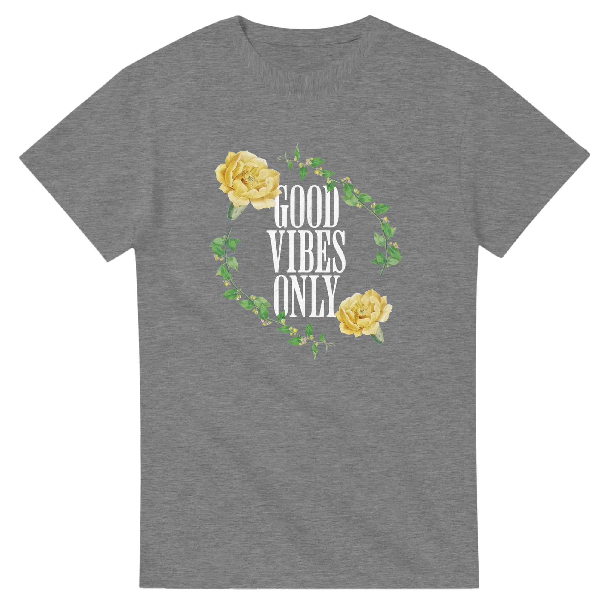 Gray heather women's graphic tee in soft cotton blend with circular floral wreath and "GOOD VIBES ONLY" text.