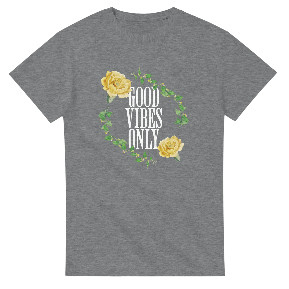 Gray heather women's graphic tee in soft cotton blend with circular floral wreath and "GOOD VIBES ONLY" text.