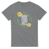 Gray heather women's graphic tee in soft cotton blend with circular floral wreath and "GOOD VIBES ONLY" text.