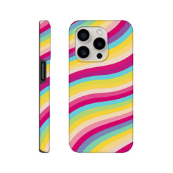 Retro rainbow wave stripe iPhone case featuring bold curved colors and tough TPU protection for models 13-16.