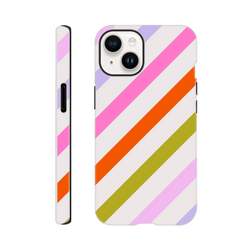 Retro colourful diagonal stripe tough iPhone case featuring shock-absorbing TPU protection and vibrant pink, orange, and green stripes.
