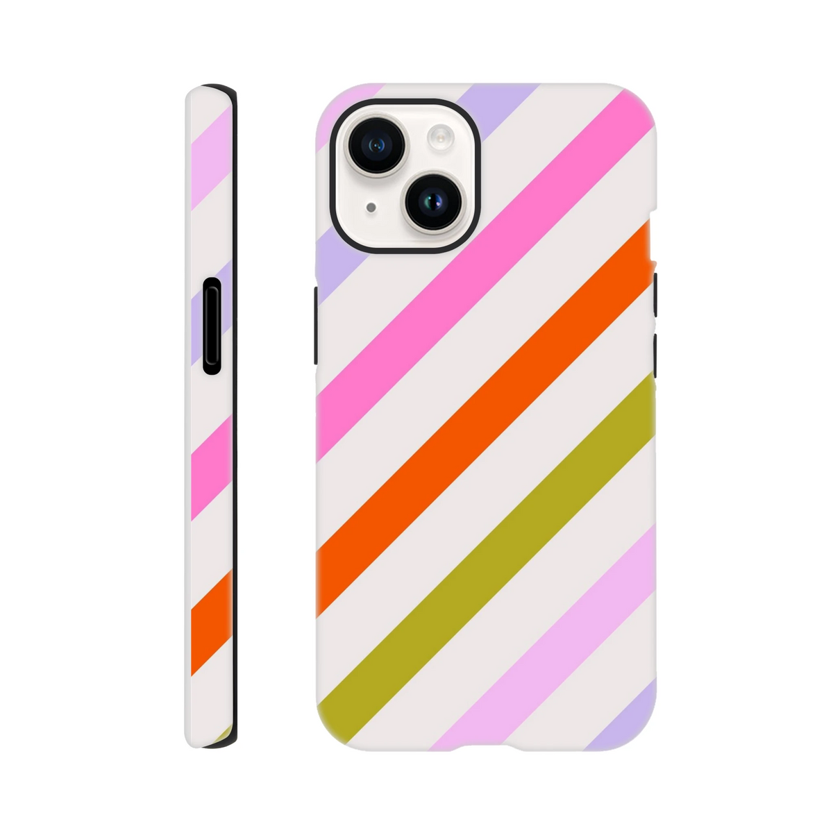Retro colourful diagonal stripe tough iPhone case featuring shock-absorbing TPU protection and vibrant pink, orange, and green stripes.