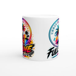 White coffee mug featuring colorful palm tree sunsets, speedometer graphics, checkered flags, and bold text.