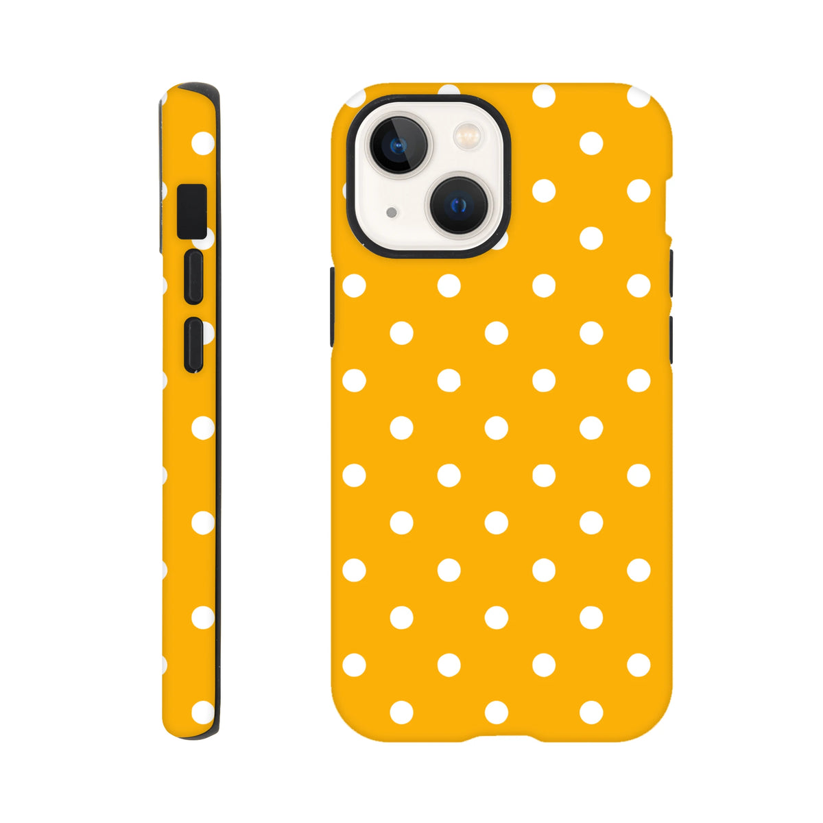 Orange & white polka dot tough iPhone case with shock-absorbing TPU shell, exact port access, and wireless charging support for iPhone 13-16.