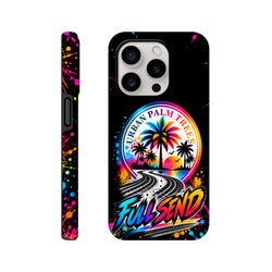 Full Send iPhone case with Urban Palm Trees sunset graphic, tire tracks, and colorful paint splatter wraparound design.
