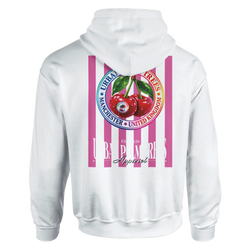 White hoodie back featuring retro striped red cherry graphic with Urban Palm Trees logo and Manchester text.