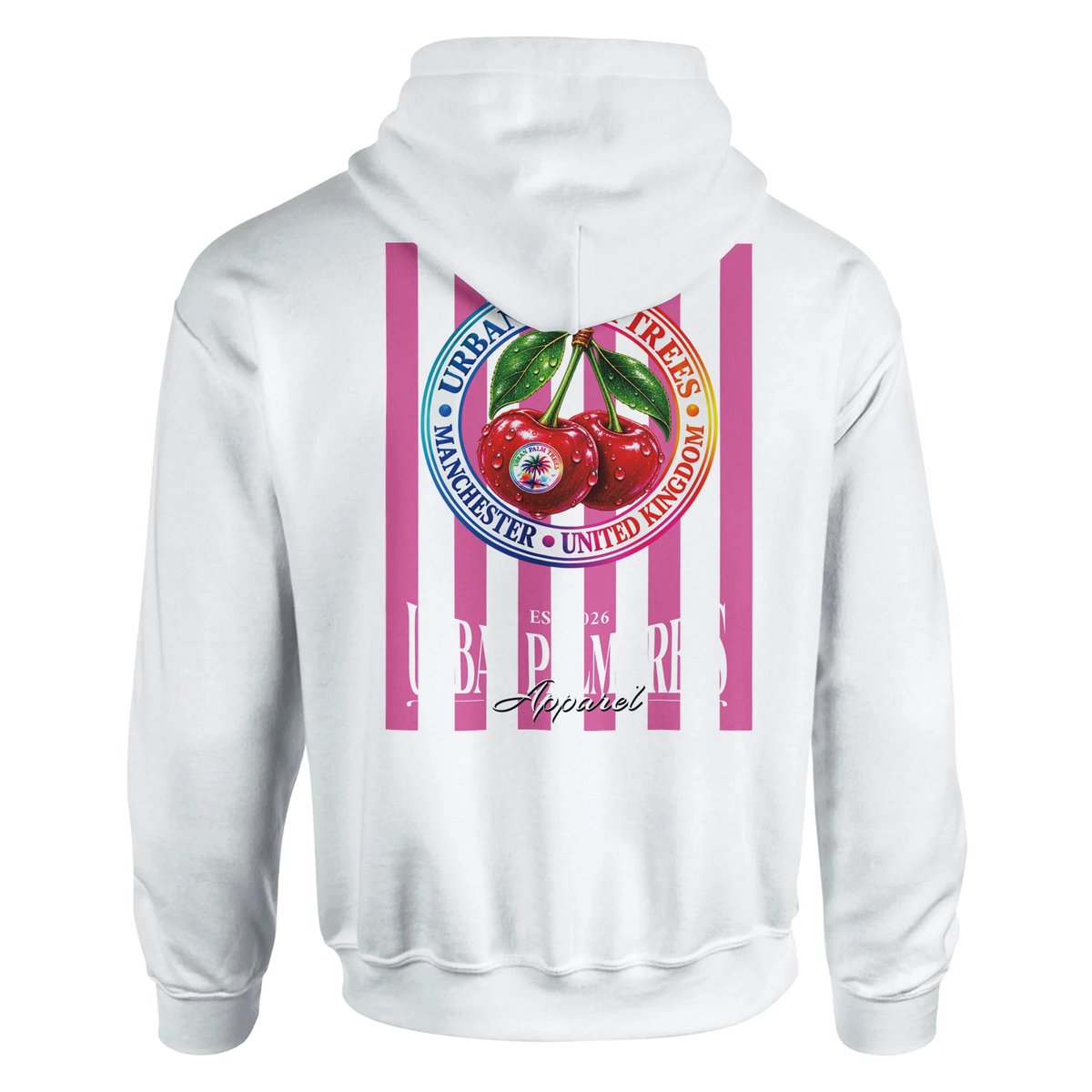 White hoodie back featuring retro striped red cherry graphic with Urban Palm Trees logo and Manchester text.