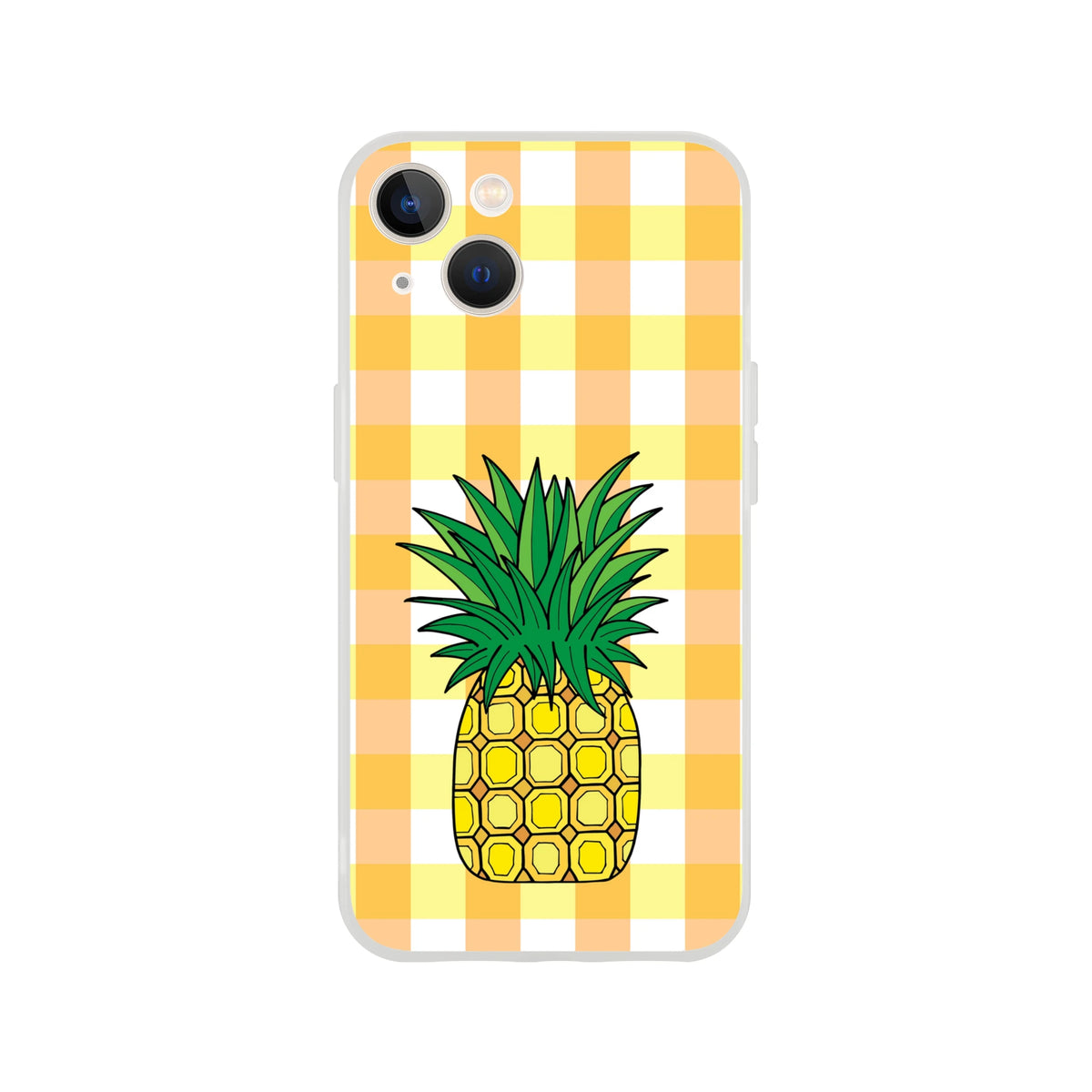 Pineapple illustration on yellow gingham iPhone case for 13–16, summer aesthetic.