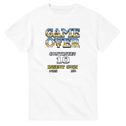 White T-shirt with retro arcade 'GAME OVER' pixel art and CONTINUE? 10 INSERT COIN design.