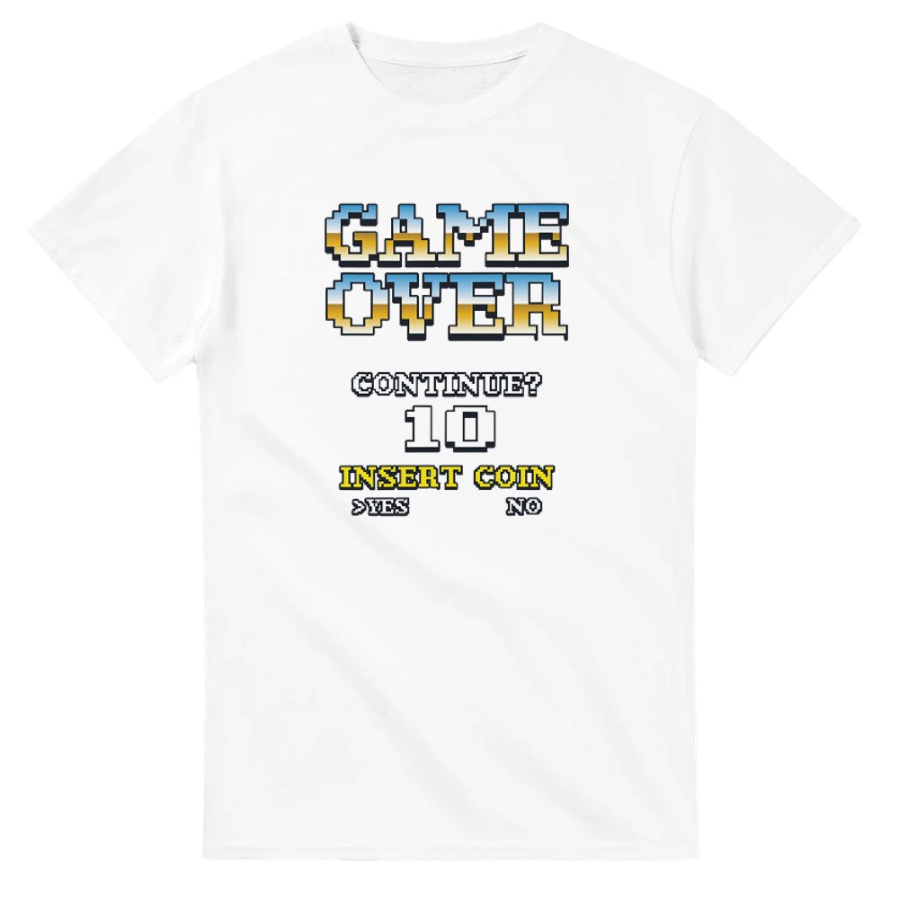 White T-shirt with retro arcade 'GAME OVER' pixel art and CONTINUE? 10 INSERT COIN design.