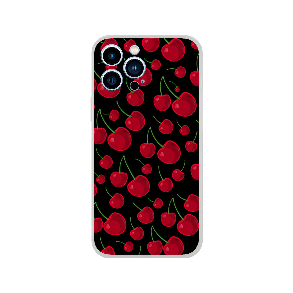 Red cherry iPhone case featuring a black retro fruit pattern. Slim flexible TPU phone cover with matte finish for urban durability.