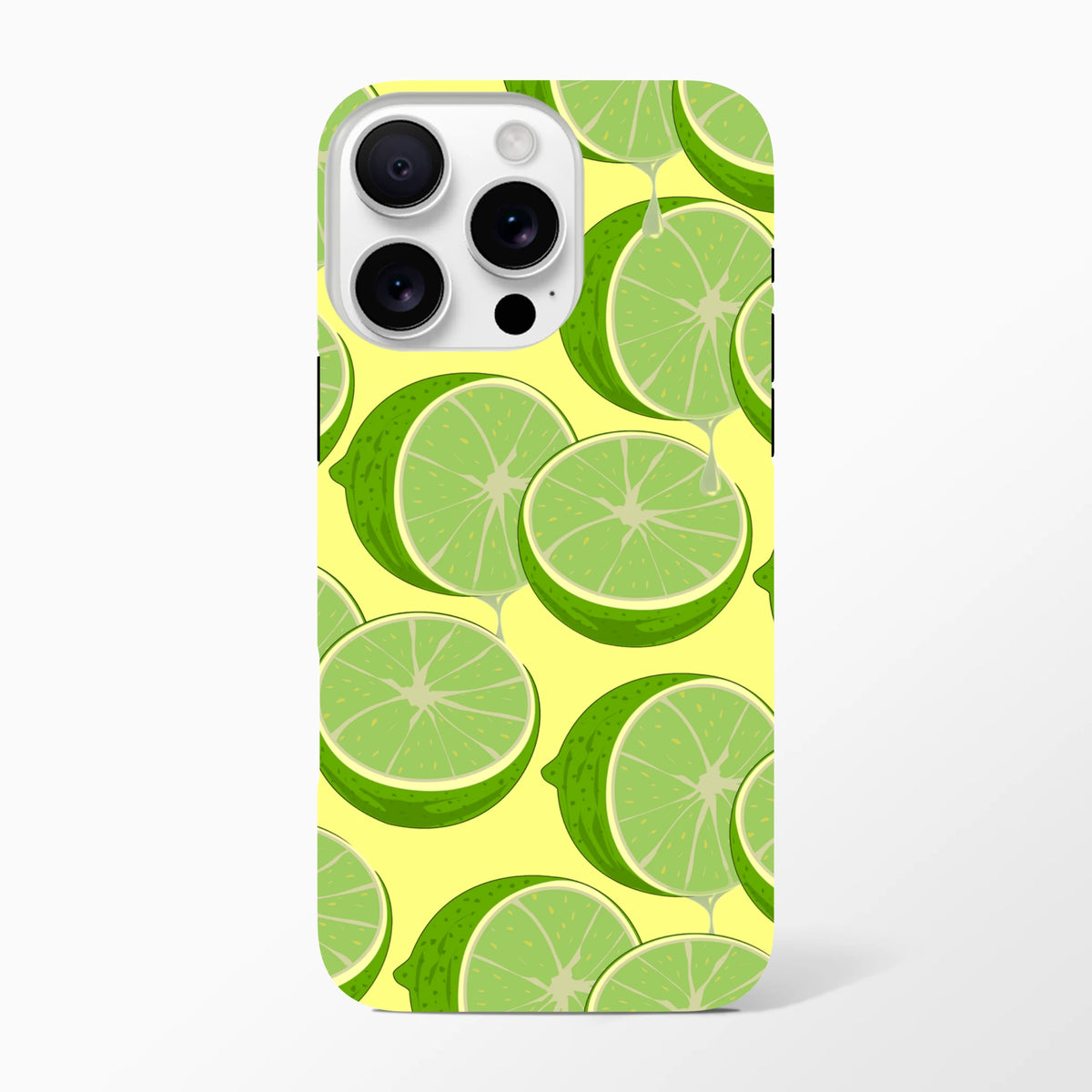 Fresh green lime slice pattern on yellow iPhone case offering tough protection and citrus streetwear style.