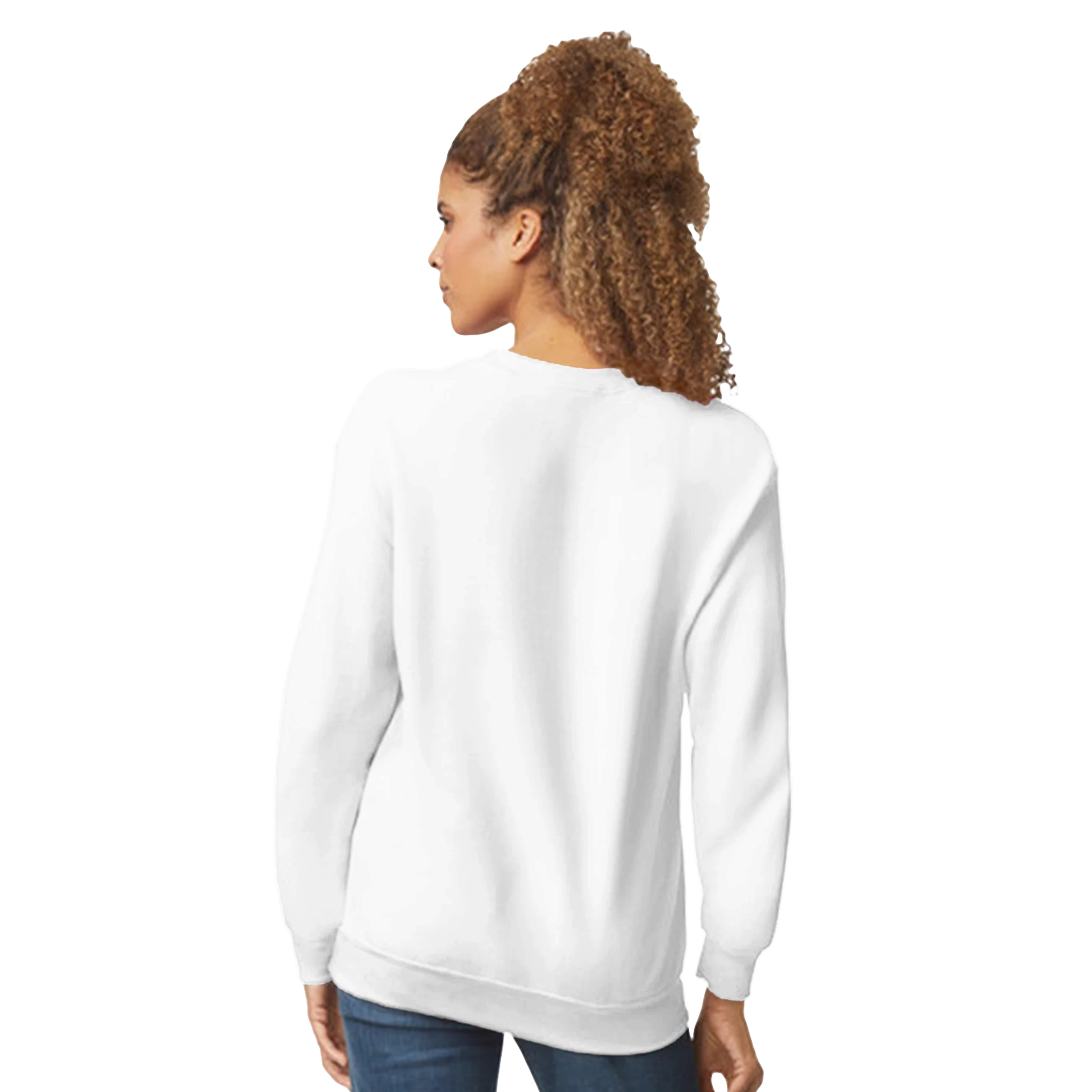 Back view of a woman in a white oversized sweatshirt with jeans, casual streetwear