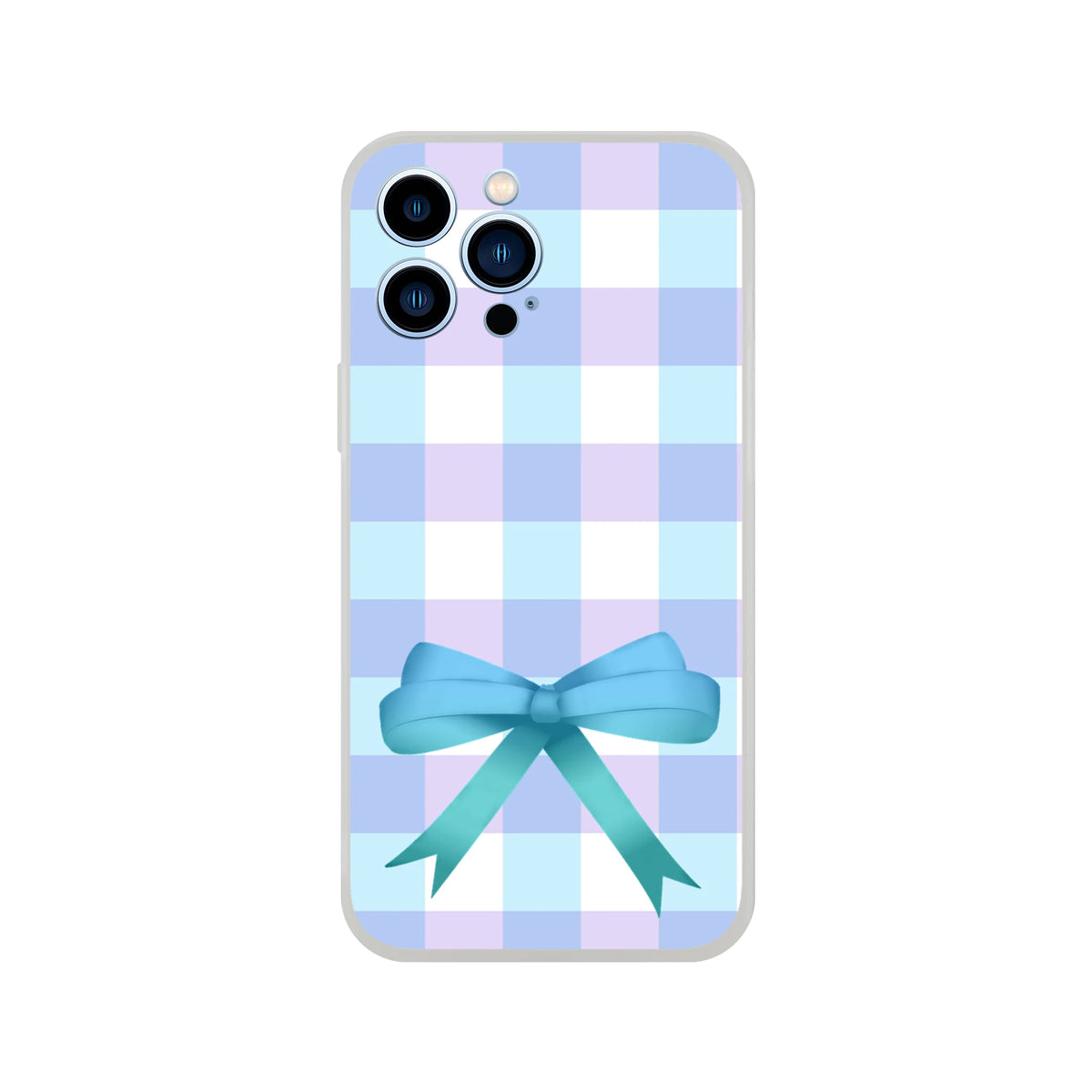 Blue gingham bow iPhone case for iPhone 13–16 with pastel checker pattern and teal ribbon bow.