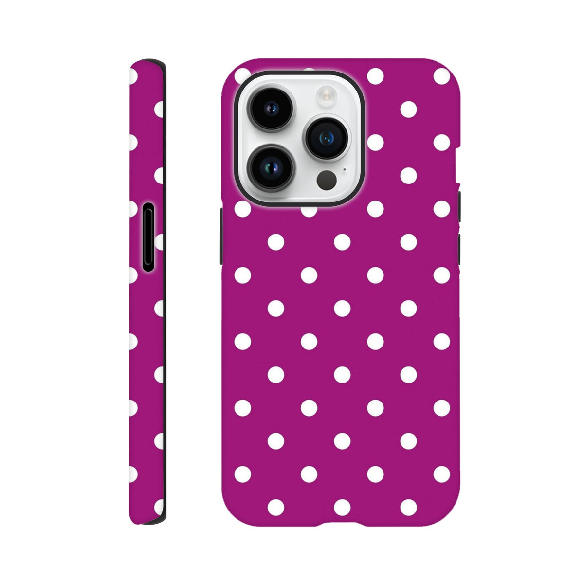 Purple and white polka dot tough iPhone case with shock-absorbing TPU protection and dual-layer construction for models 13-16.
