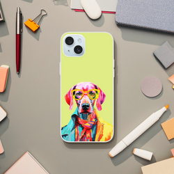 Funny Dog iPhone Case for 13-16, lime-green with a colorful dog wearing sunglasses.