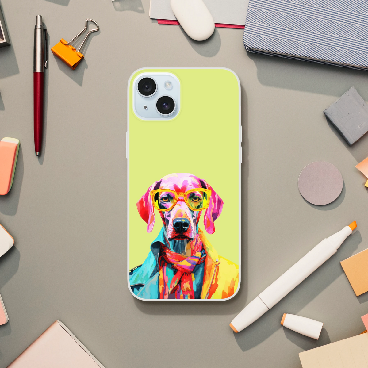 Funny Dog iPhone Case for 13-16, lime-green with a colorful dog wearing sunglasses.