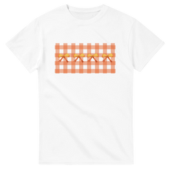 White T-shirt with orange gingham blocks and bow accents for a Coquette aesthetic.