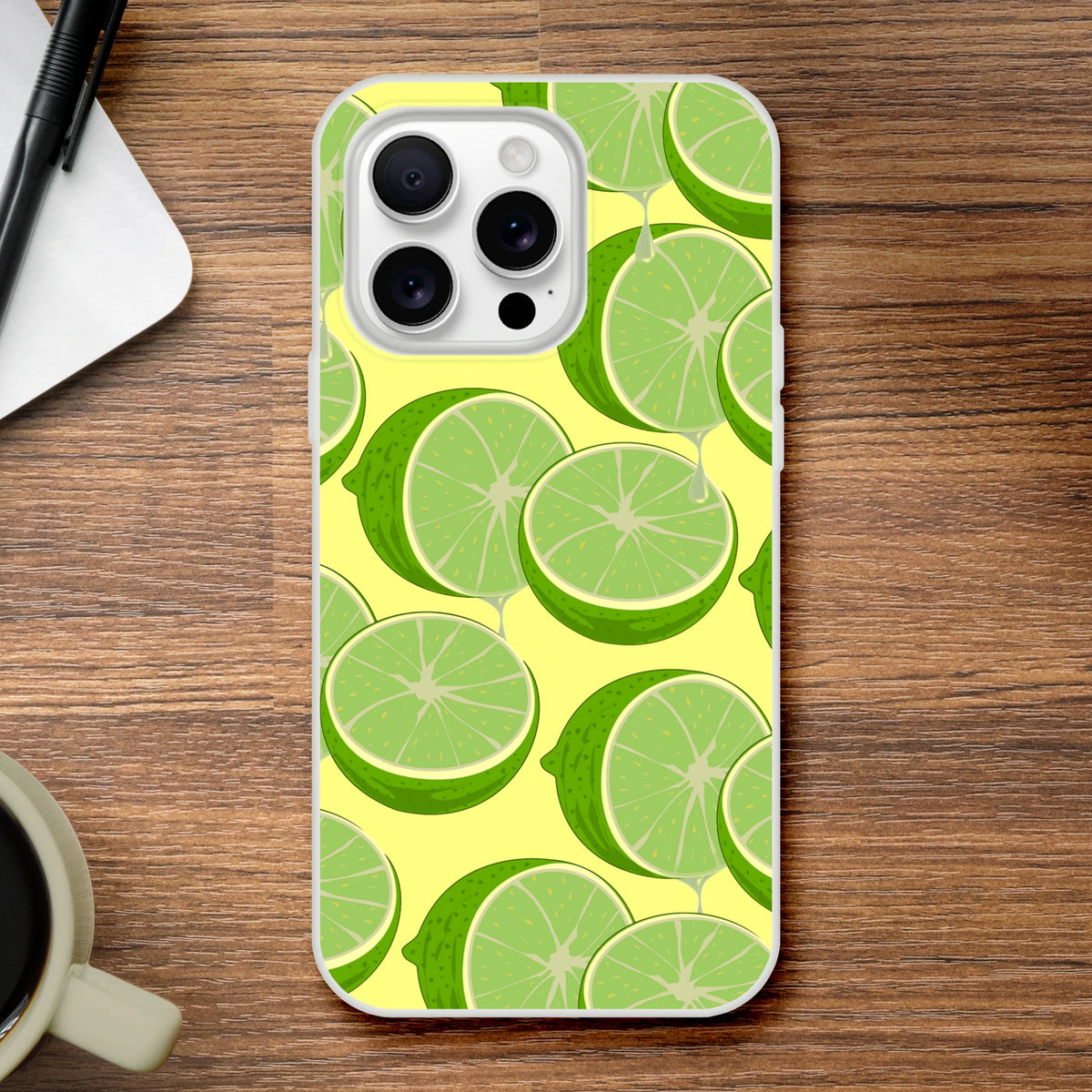 Cute lime-slice iPhone case for iPhone 13-16 with a yellow background and matte finish.