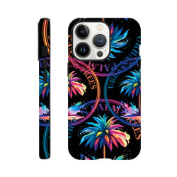 Vibrant Urban Palm Trees tough iPhone case featuring bold tropical streetwear art with neon colors and circular text on a black background.