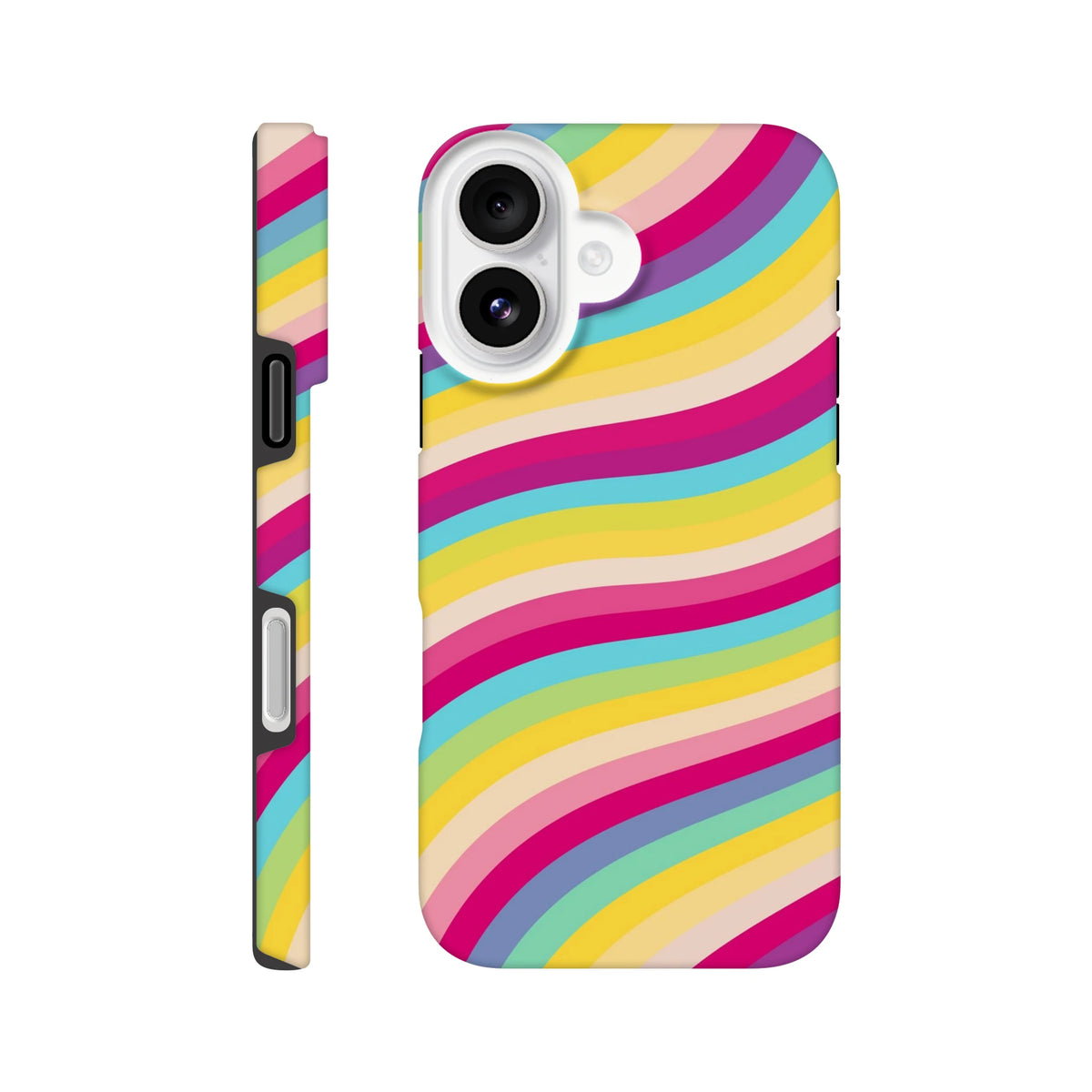 Vibrant rainbow wave phone case with retro stripes. Durable TPU cover offering shock absorption and vivid, scuff-resistant graphics for daily use.