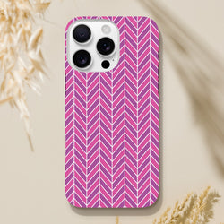 Pink geometric herringbone iPhone case with dual-layer shock absorption and reinforced frame for daily impact resistance.