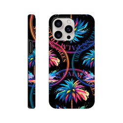 Tough iPhone case featuring colorful urban palm trees and circular streetwear typography on a black background.