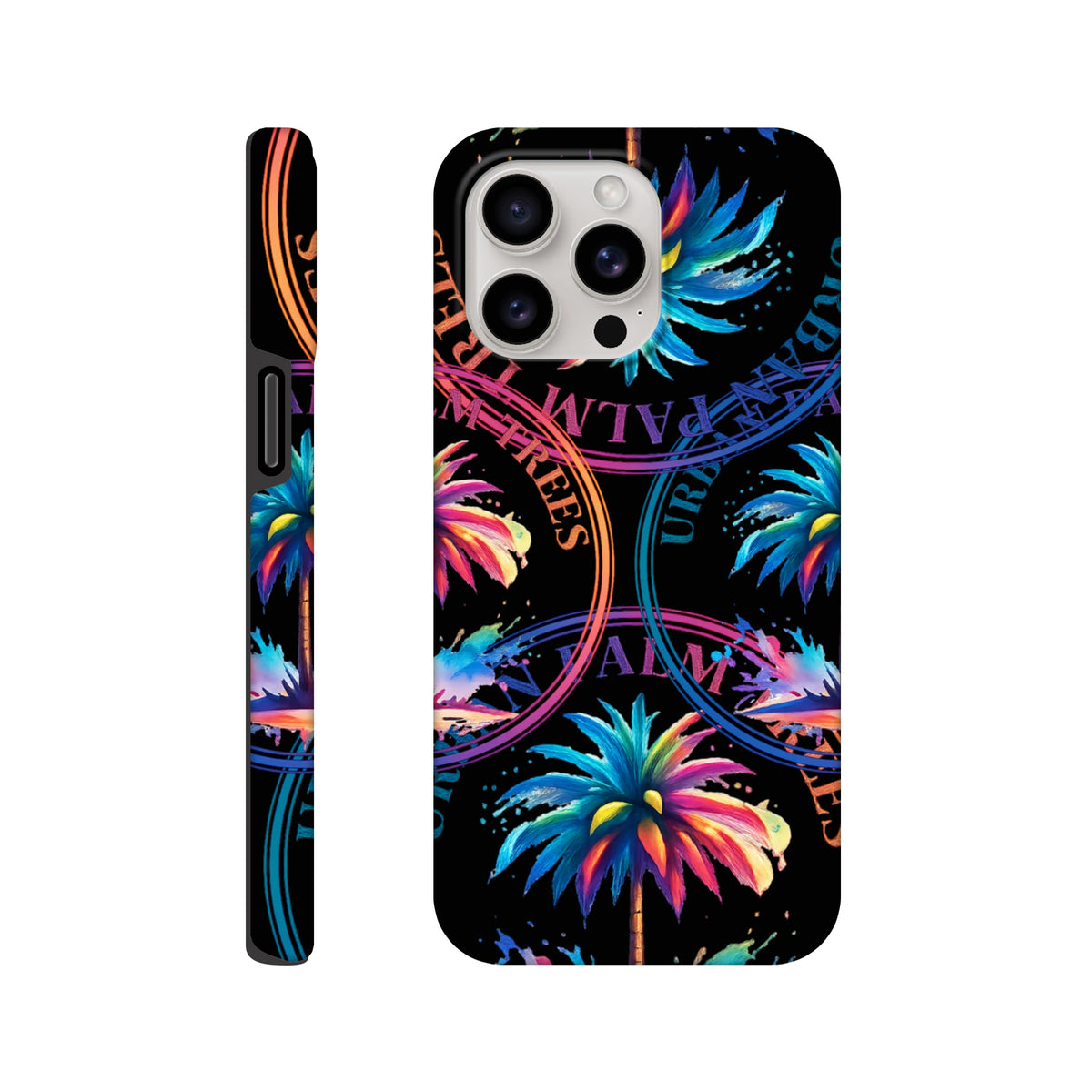 Tough iPhone case featuring colorful urban palm trees and circular streetwear typography on a black background.
