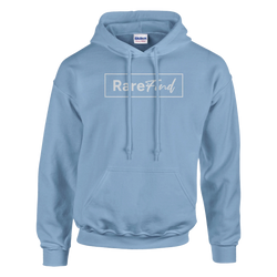 Light blue women's hoodie with RareFind slogan inside a white rectangular frame, front pouch pocket, drawstring hood.