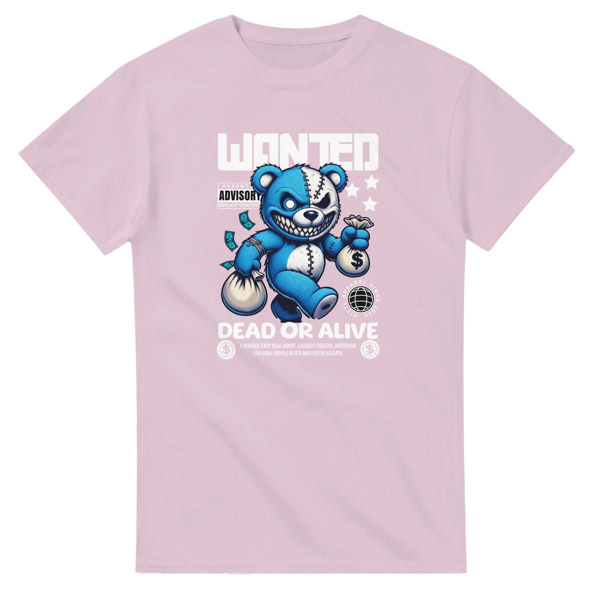 Pink men's T-shirt with blue teddy bear graphic, money bags, and "WANTED DEAD OR ALIVE" design.
