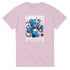 Pink men's T-shirt with blue teddy bear graphic, money bags, and "WANTED DEAD OR ALIVE" design.