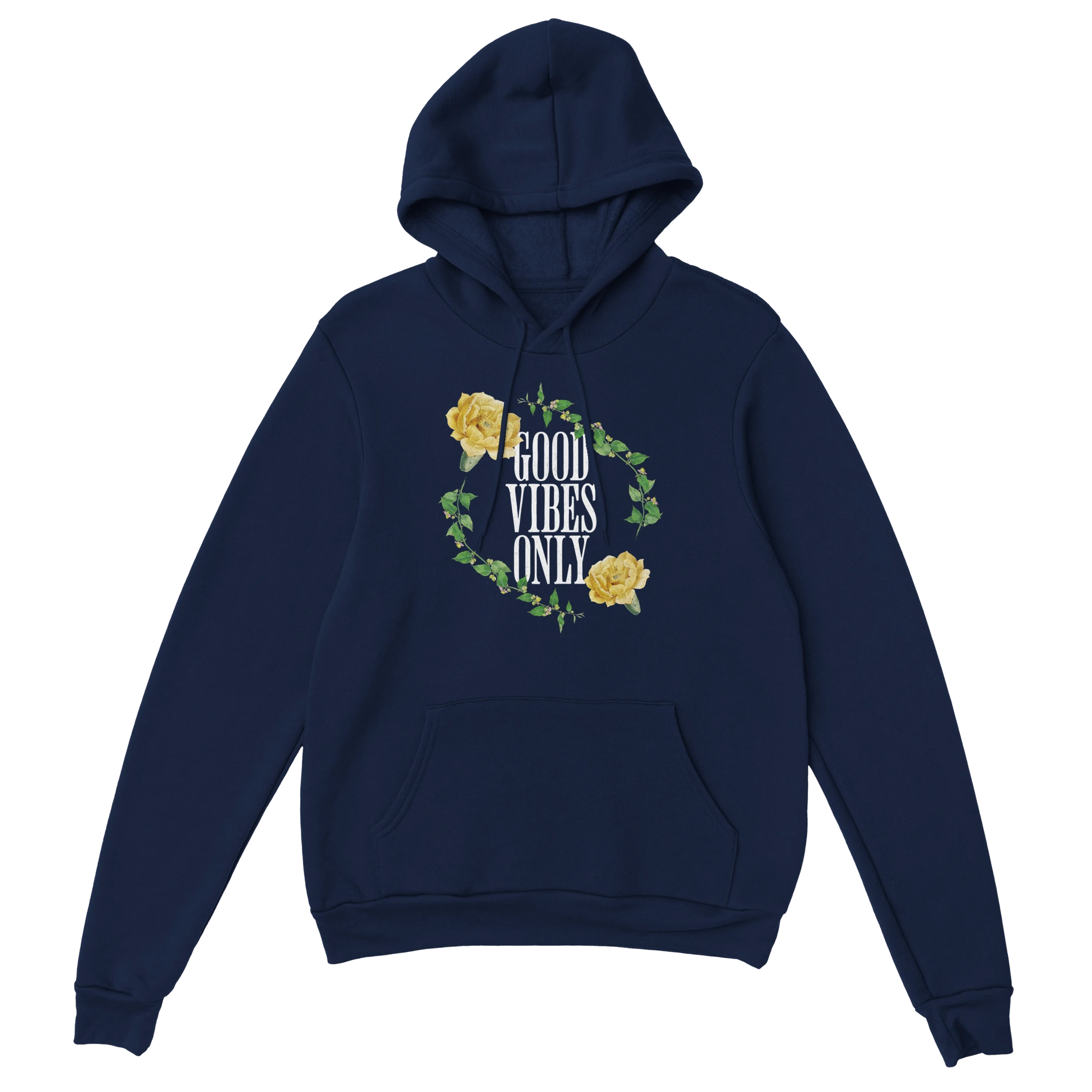 Navy women's graphic hoodie with 'Good Vibes Only' slogan inside a yellow floral wreath and front pocket.