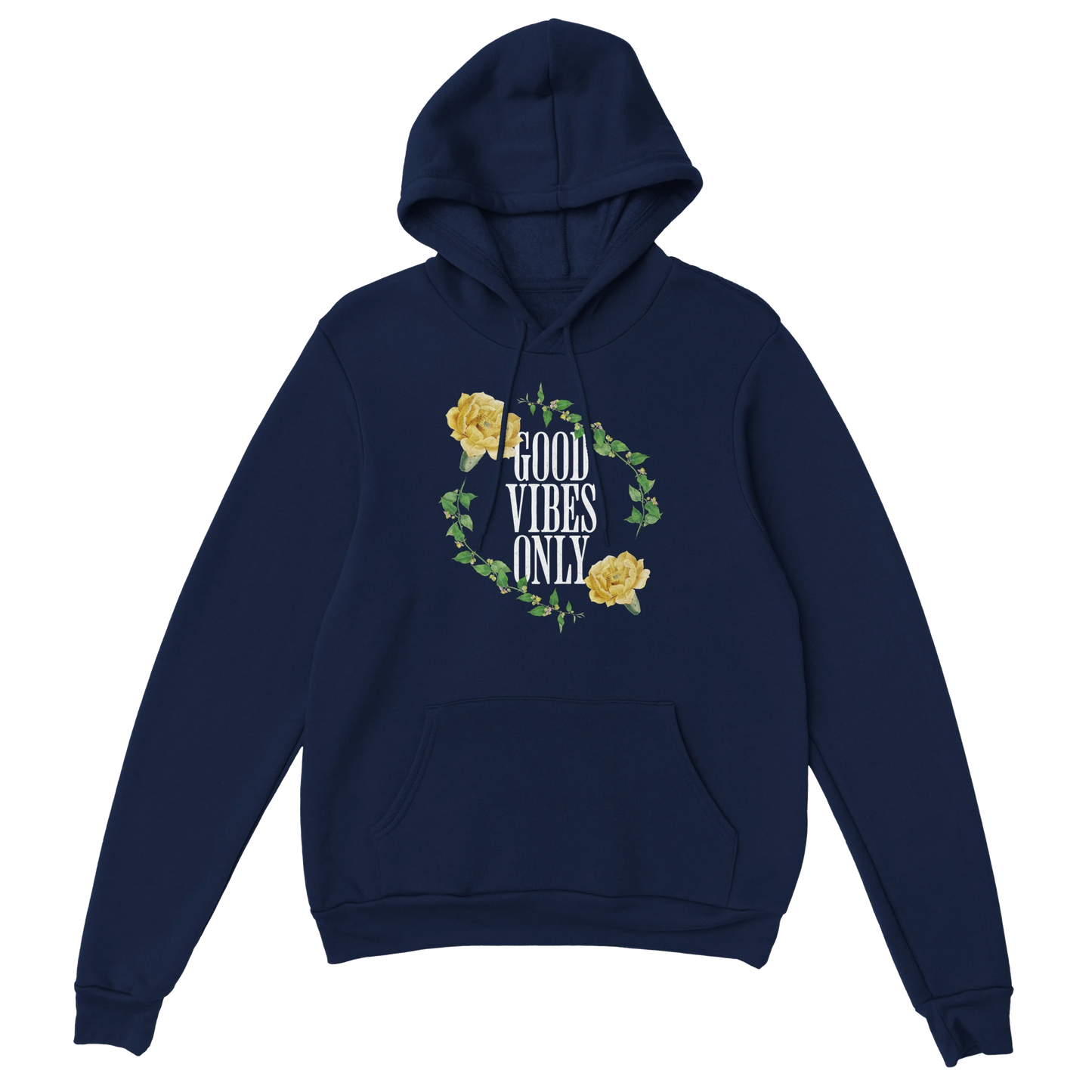 Navy women's graphic hoodie with 'Good Vibes Only' slogan inside a yellow floral wreath and front pocket.