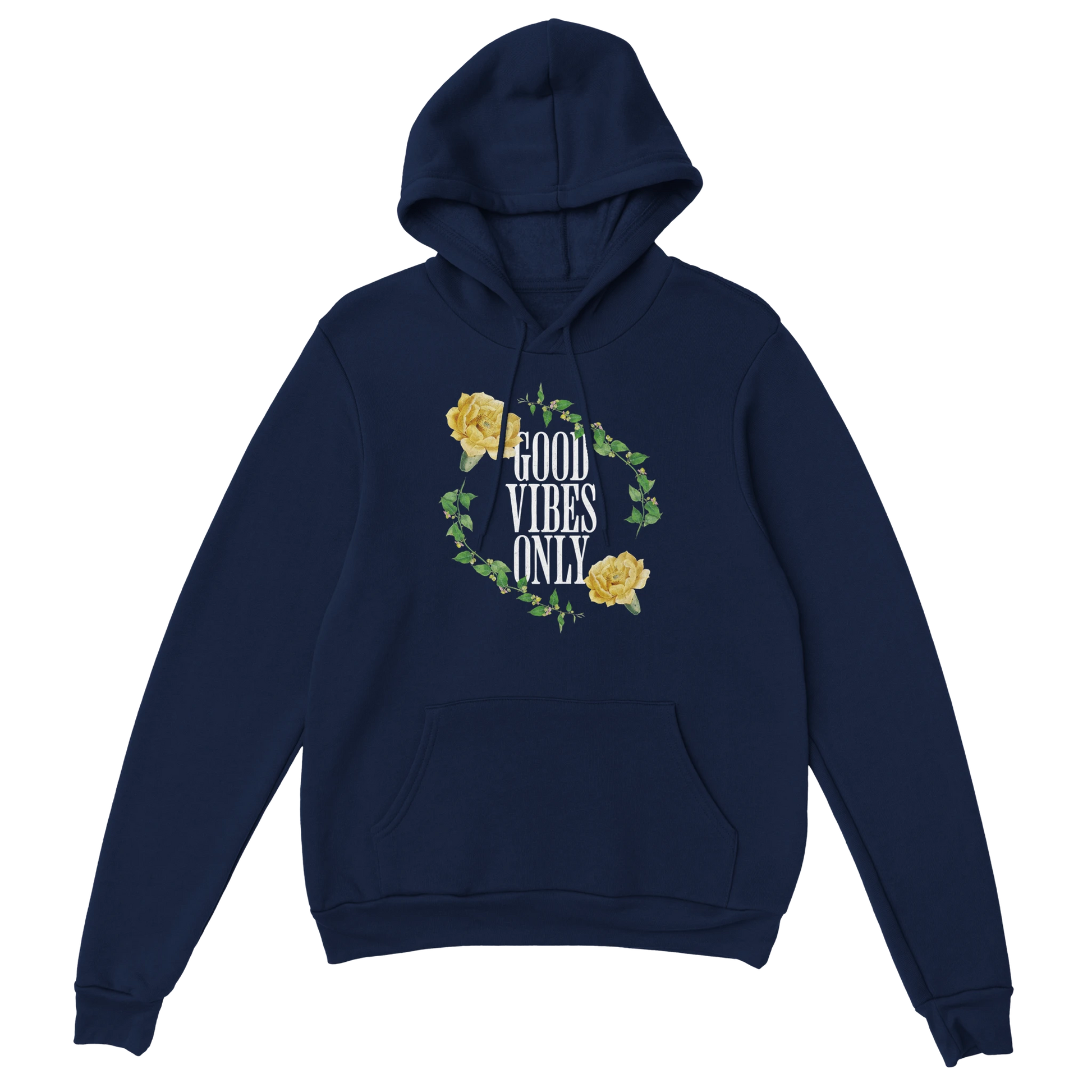 Navy women's graphic hoodie with 'Good Vibes Only' slogan inside a yellow floral wreath and front pocket.