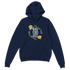 Navy women's graphic hoodie with 'Good Vibes Only' slogan inside a yellow floral wreath and front pocket.