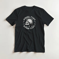 Black men's Angel Fury Rider Club graphic tee with white biker skull design.