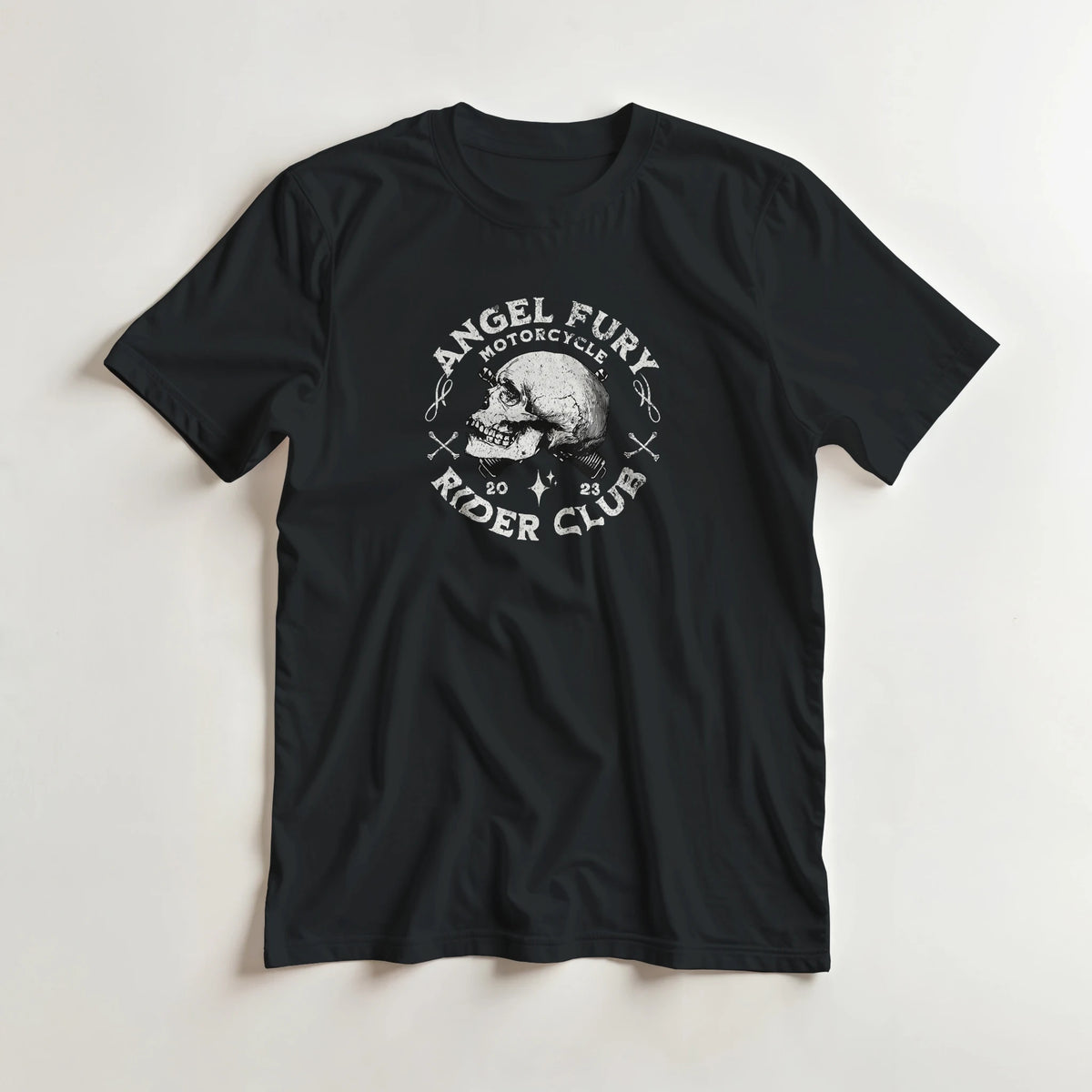 Black men's Angel Fury Rider Club graphic tee with white biker skull design.