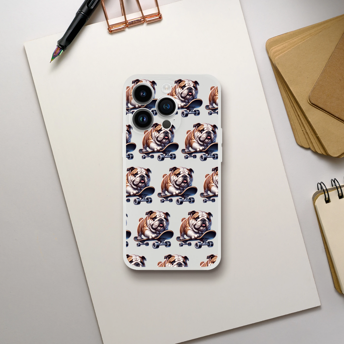 Transparent iPhone case for 13-16 with repeating bulldog on skateboard pattern.