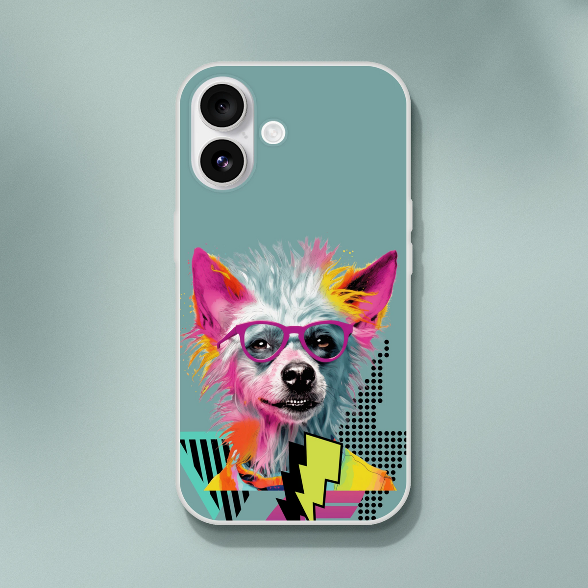 Funny dog retro aesthetic iPhone case for 13-16 with teal background and colorful dog wearing pink glasses.