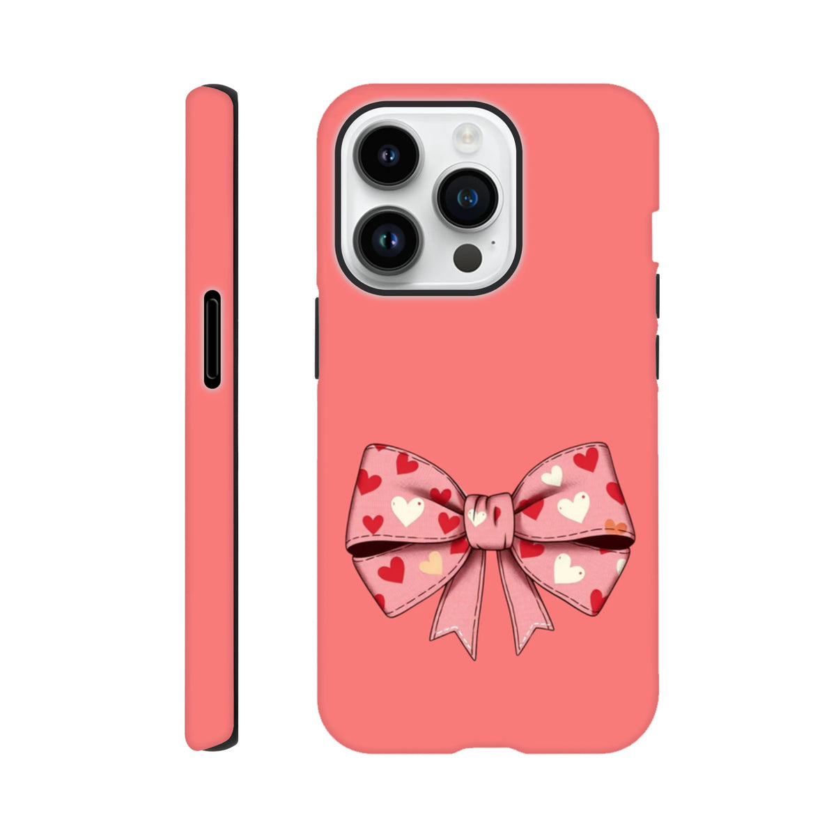 Pink tough iPhone case featuring a large bow with multicolored hearts in a cute coquette aesthetic for iPhone 13-16.