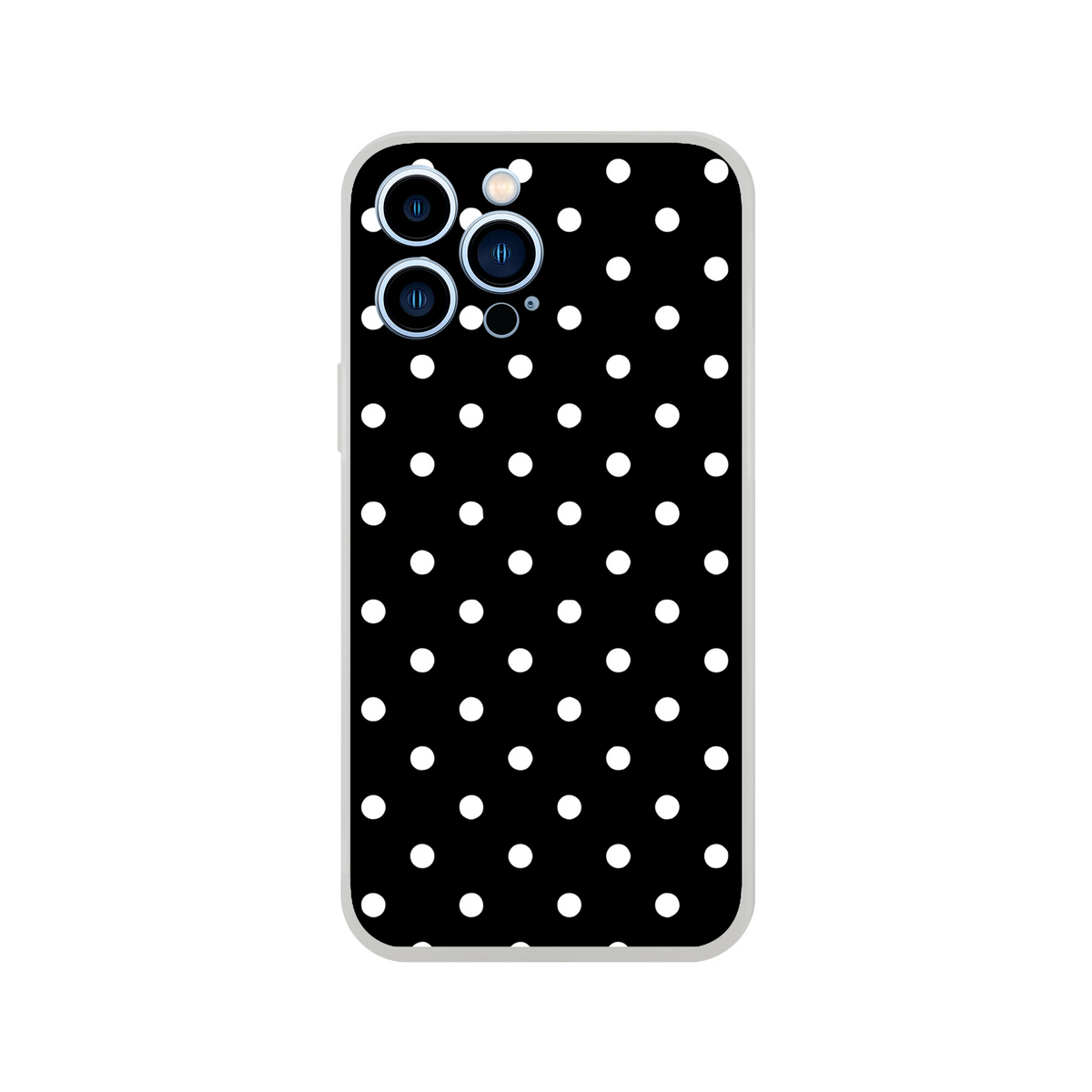 Retro black and white polka dot iPhone case with slim matte TPU shell for drop protection and wireless charging on iPhone 13-16.