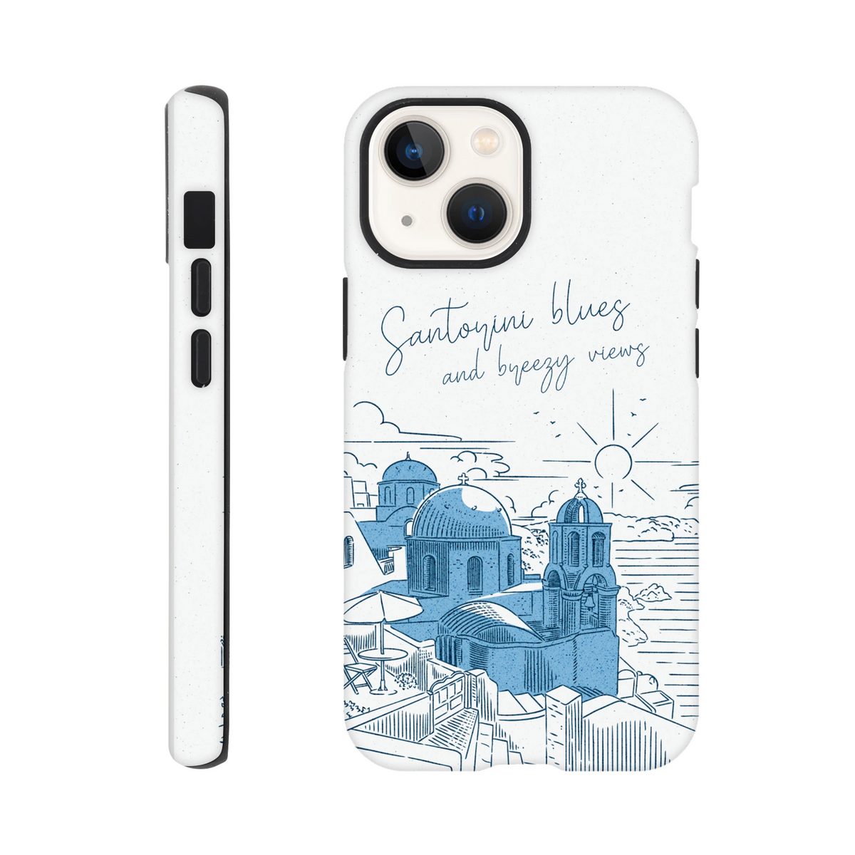 White iPhone case featuring blue Santorini domed churches and "Santorini blues and breezy views" script.