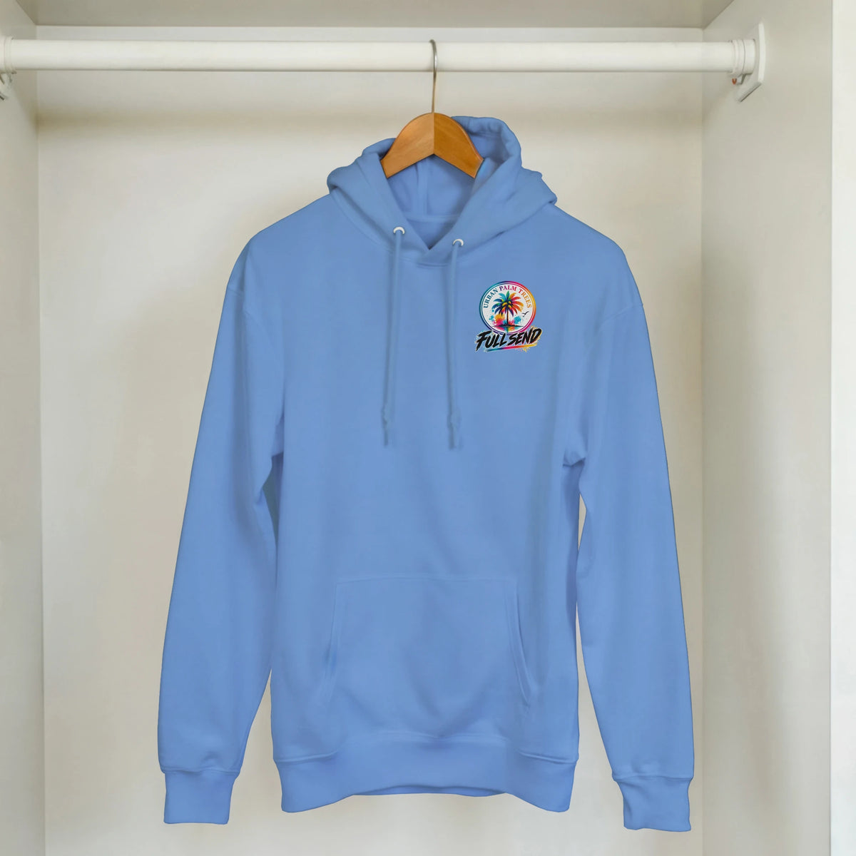 Light blue men's streetwear hoodie with front pouch pocket and colorful Urban Palm Trees Full Send logo on chest.