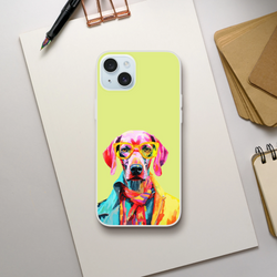 Funny dog aesthetic iPhone case for 13-16, lime green with colorful sunglasses-wearing pup.